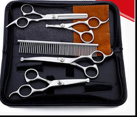 HKM-1448381 Stainless Steel Pet Scissors Set with Round Head Design, Comb, Cleaning Cloth, and Storage Bag