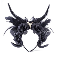 HKM-145107 Dark Antelope Horn Headdress with Black Flower Accent for Halloween Cosplay