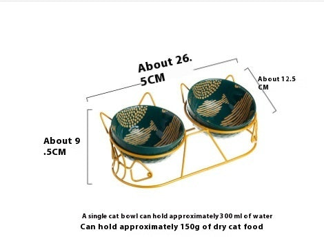 HKM-1452733 Ceramic Cat Bowl Set with Adjustable Tilt and Cat Ear Design - 300ml Capacity, Suitable for Cats