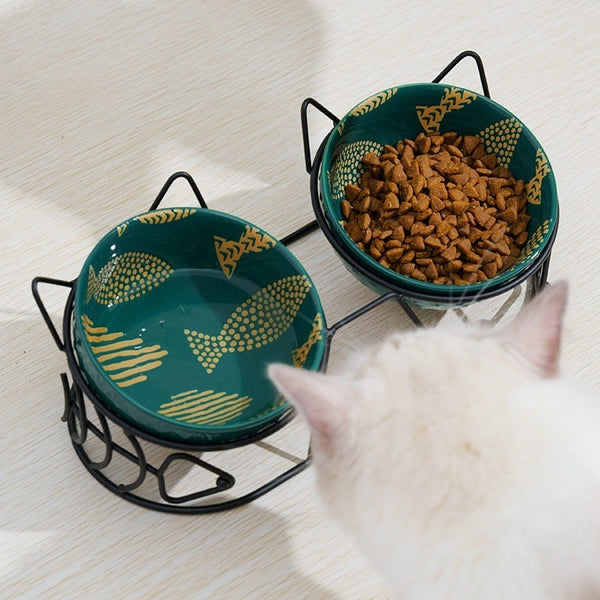 HKM-1452733 Ceramic Cat Bowl Set with Adjustable Tilt and Cat Ear Design - 300ml Capacity, Suitable for Cats