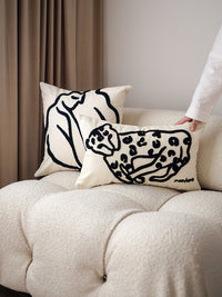 HKM-145363 Nordic Art Embroidery Pillowcase with Black and White Lines - Cute Leopard and Doze Girl Designs, Square Cushions with Pillow Core Included