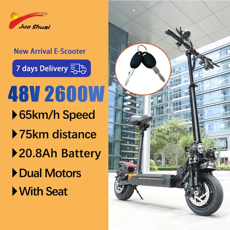 HKM-145875 Dual Motor Electric Scooter with 10-Inch Tires, 65km/h Speed, 75km Range, Foldable Design, Adjustable Seat