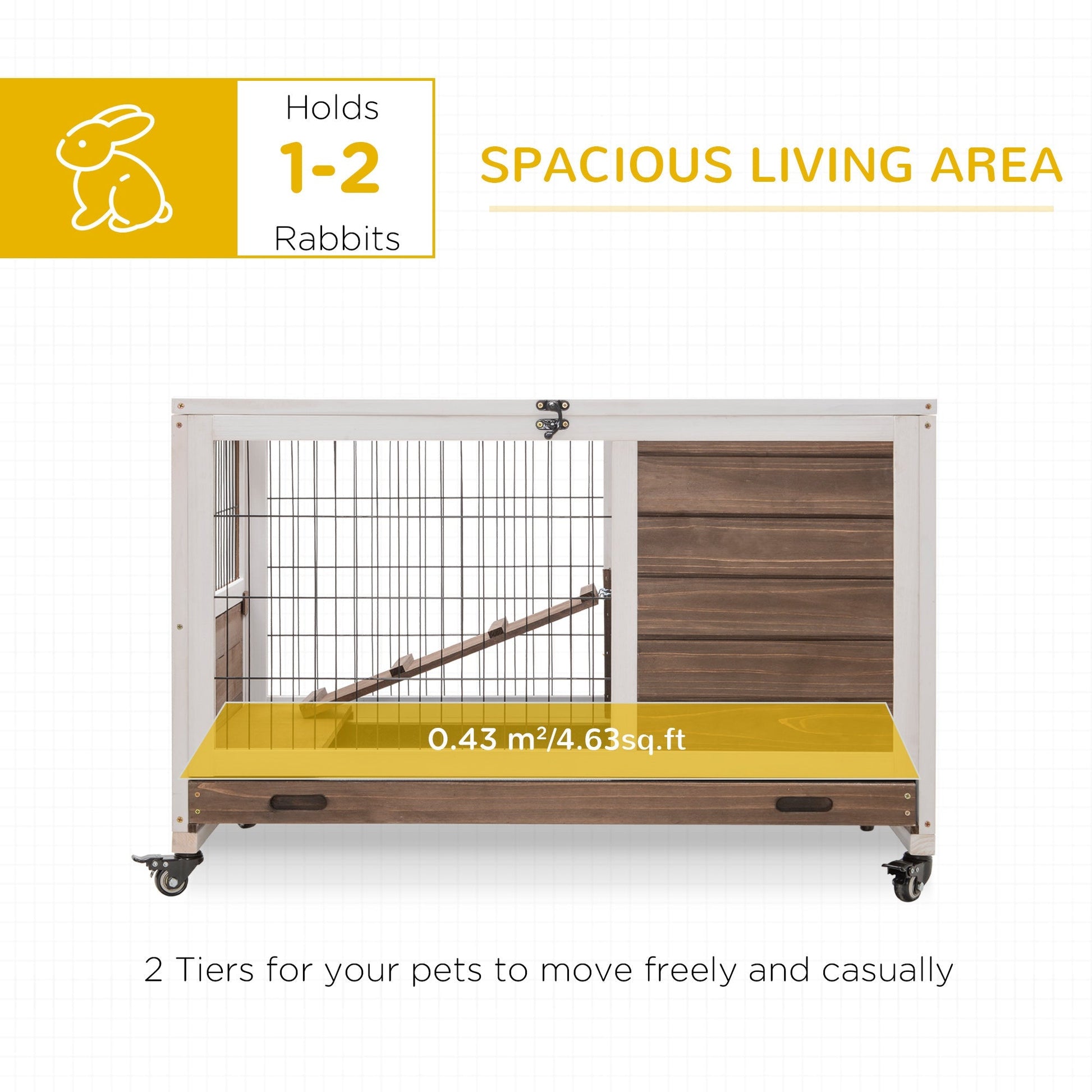 HKM-1461949 Indoor Rabbit Cage on Wheels with Pull-Out Tray, Ramp, and Lockable Door - Ideal for Small Animals, Brown, 35.5" x 21" x 23"