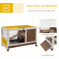 HKM-1461949 Indoor Rabbit Cage on Wheels with Pull-Out Tray, Ramp, and Lockable Door - Ideal for Small Animals, Brown, 35.5" x 21" x 23"