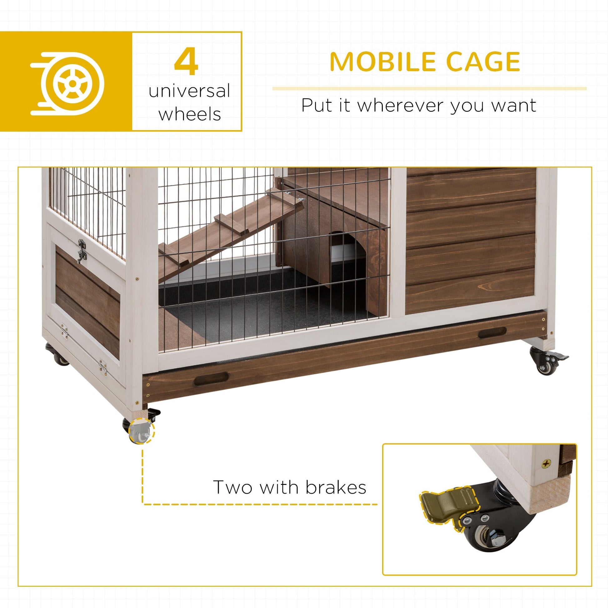 HKM-1461949 Indoor Rabbit Cage on Wheels with Pull-Out Tray, Ramp, and Lockable Door - Ideal for Small Animals, Brown, 35.5" x 21" x 23"