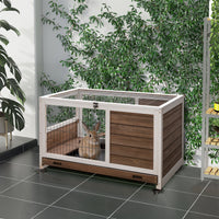 HKM-1461949 Indoor Rabbit Cage on Wheels with Pull-Out Tray, Ramp, and Lockable Door - Ideal for Small Animals, Brown, 35.5" x 21" x 23"