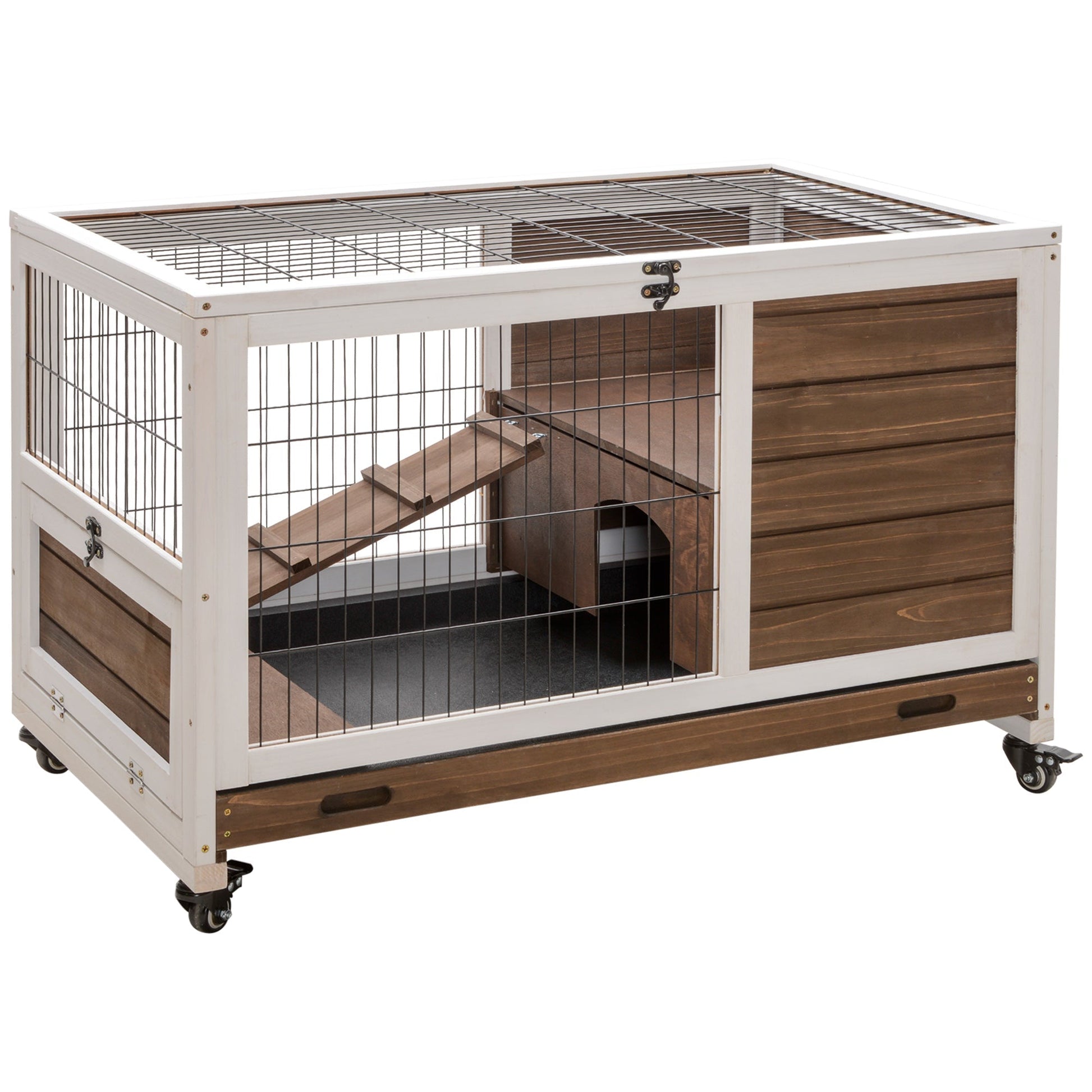 HKM-1461949 Indoor Rabbit Cage on Wheels with Pull-Out Tray, Ramp, and Lockable Door - Ideal for Small Animals, Brown, 35.5" x 21" x 23"
