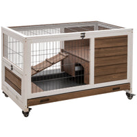 HKM-1461949 Indoor Rabbit Cage on Wheels with Pull-Out Tray, Ramp, and Lockable Door - Ideal for Small Animals, Brown, 35.5" x 21" x 23"