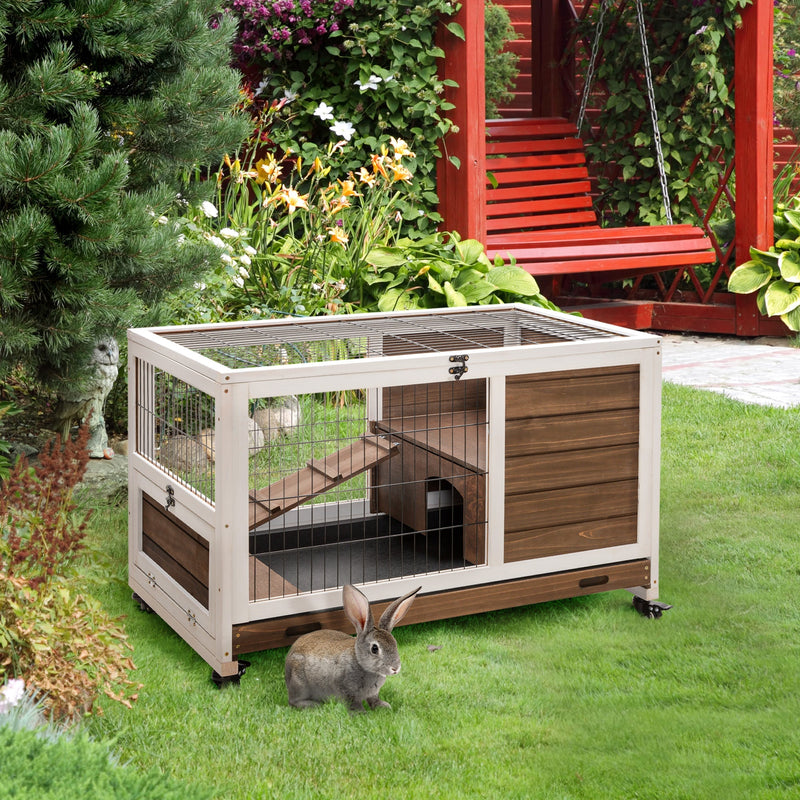 HKM-1461949 Indoor Rabbit Cage on Wheels with Pull-Out Tray, Ramp, and Lockable Door - Ideal for Small Animals, Brown, 35.5" x 21" x 23"