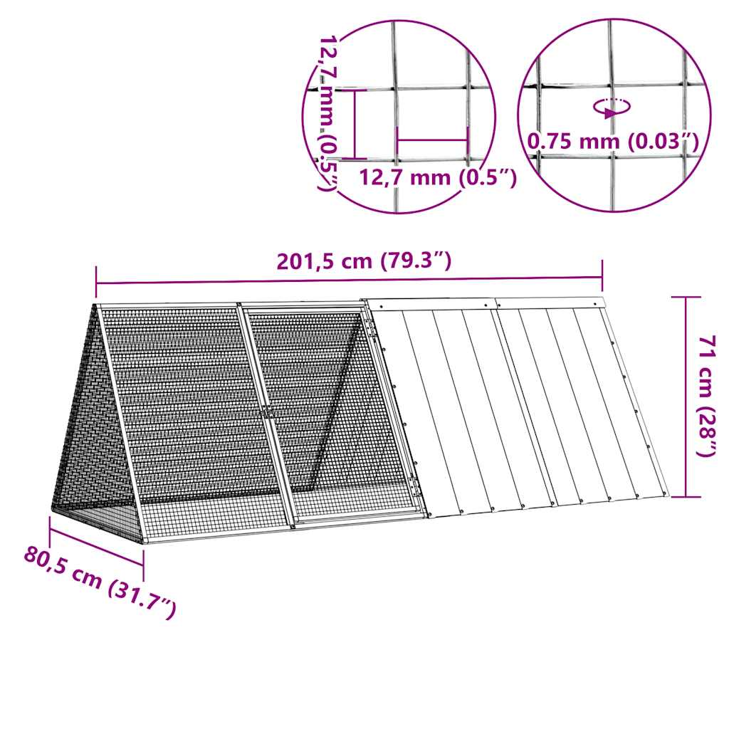 HKM-1465661 Anthracite Galvanized Steel Rabbit Cage 201.5x80 cm with Safety Features