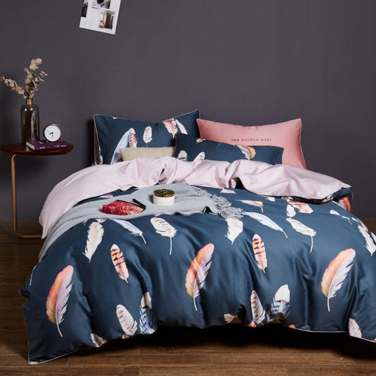 HKM-146835 Cotton Printed Satin 4-Piece Bedding Set - Includes Quilt Cover, Bed Sheet, and Pillowcases