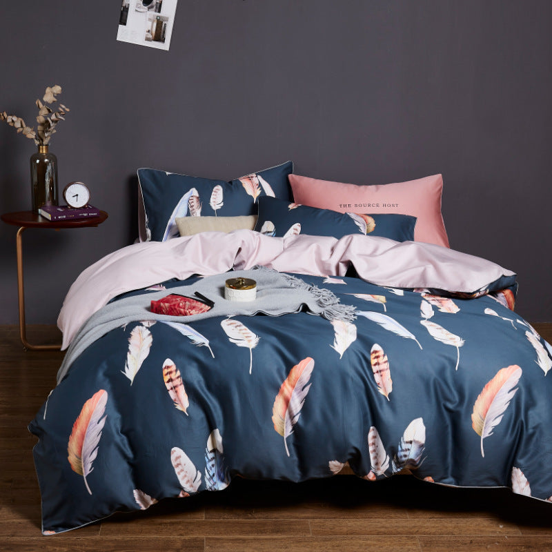 HKM-146835 Cotton Printed Satin 4-Piece Bedding Set - Includes Quilt Cover, Bed Sheet, and Pillowcases