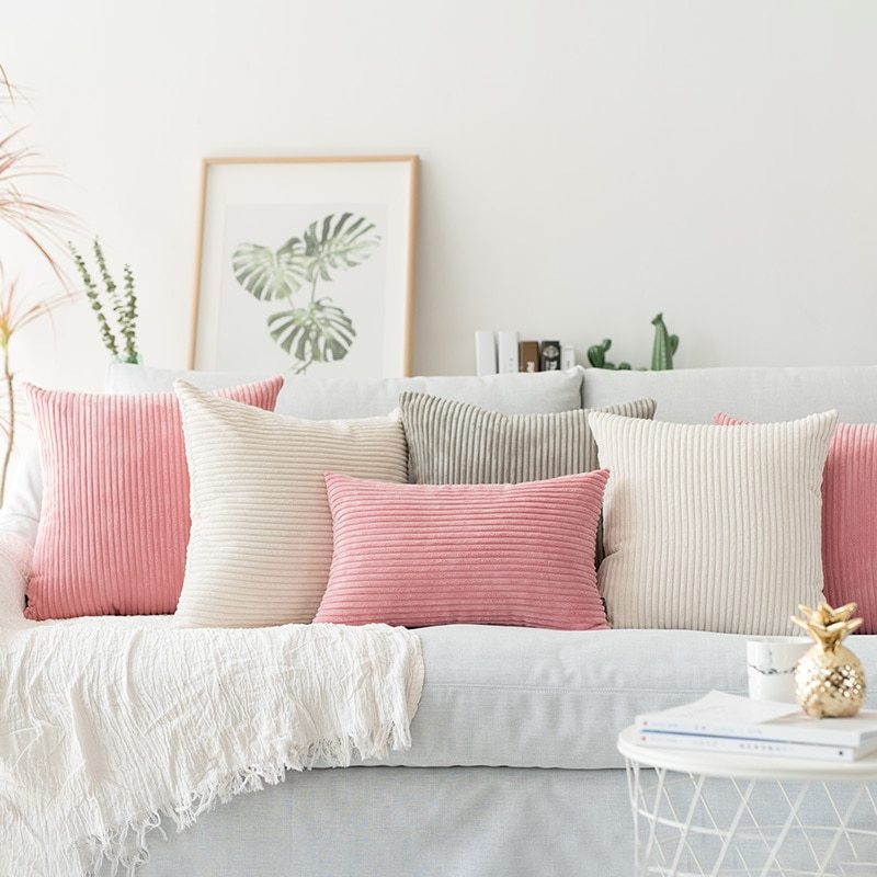 HKM-146963 Soft Corduroy Solid Pillow Case Cushion Cover, Pink and Gray, 45x45cm/53x53cm with Invisible Zipper
