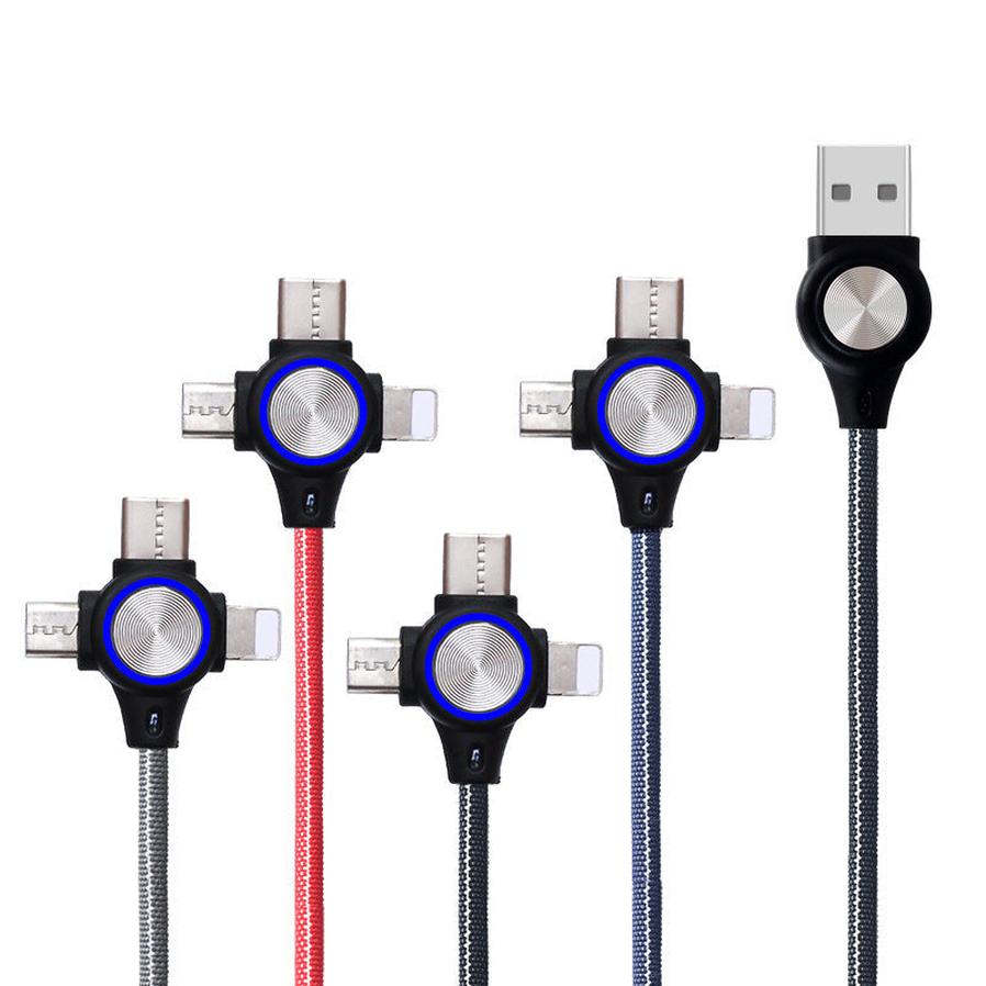 HKM-147219 Three-in-One Charging Cable for Mobile Phones and Tablets, 1m Length, Data Transmission with Durable Fabric and Aluminum Alloy Design