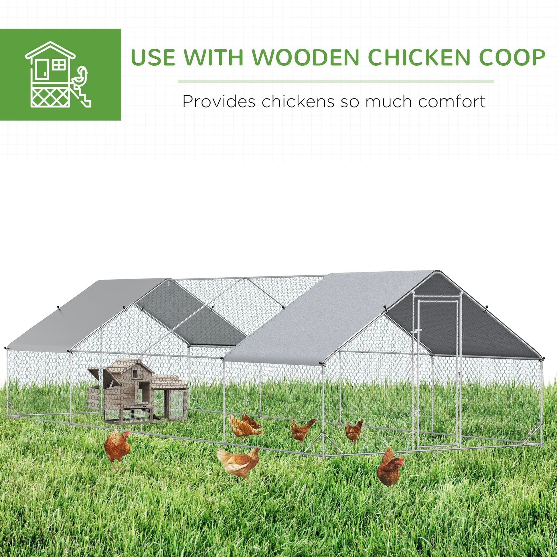 HKM-1473469 Metal Chicken Run with Waterproof Anti-UV Cover, 9.8' x 26.2' x 6.6', Ideal for Outdoor Poultry and Small Animals