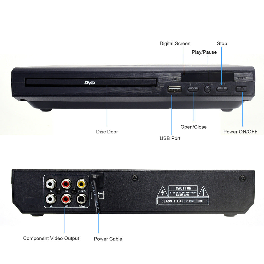 HKM-147667 Mini HD DVD Player with USB Support, Model DVD-225, Compact Design, Stereo Sound, Includes Remote and AV Cable