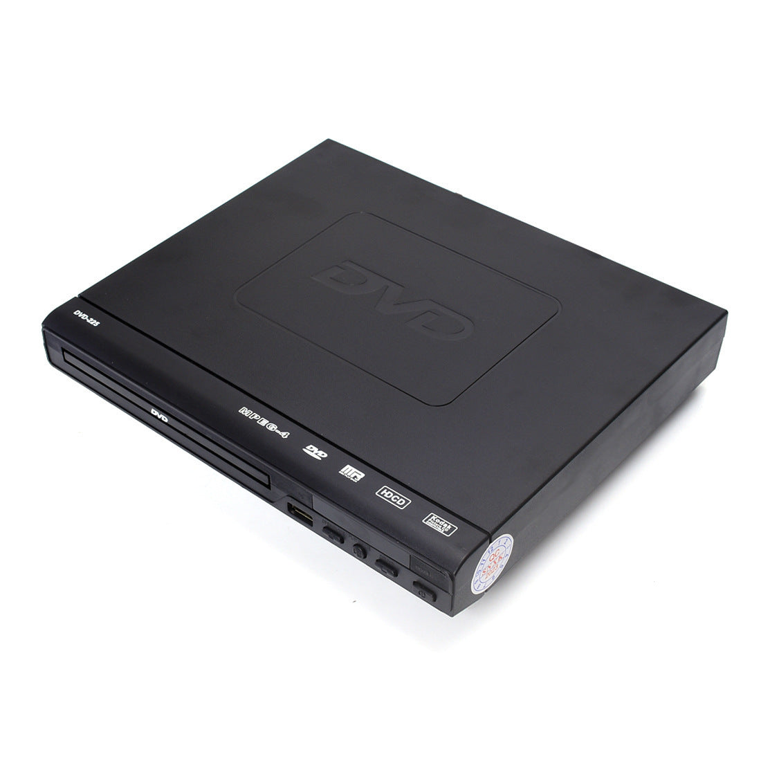HKM-147667 Mini HD DVD Player with USB Support, Model DVD-225, Compact Design, Stereo Sound, Includes Remote and AV Cable