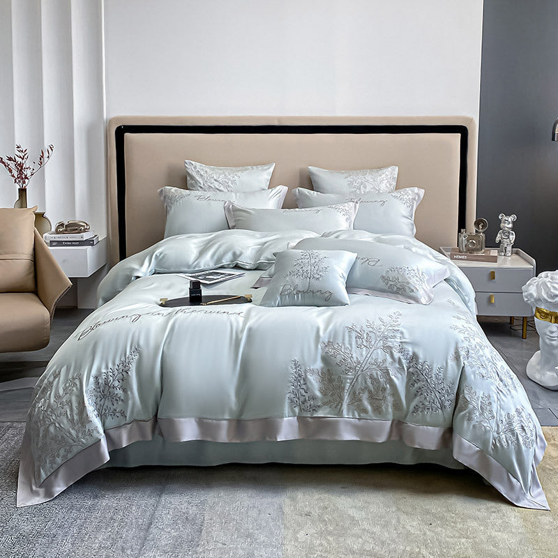 HKM-147987 Lyocell Fiber Four-Piece Bed Sheet Set with Embroidery and Lace, Solid Color