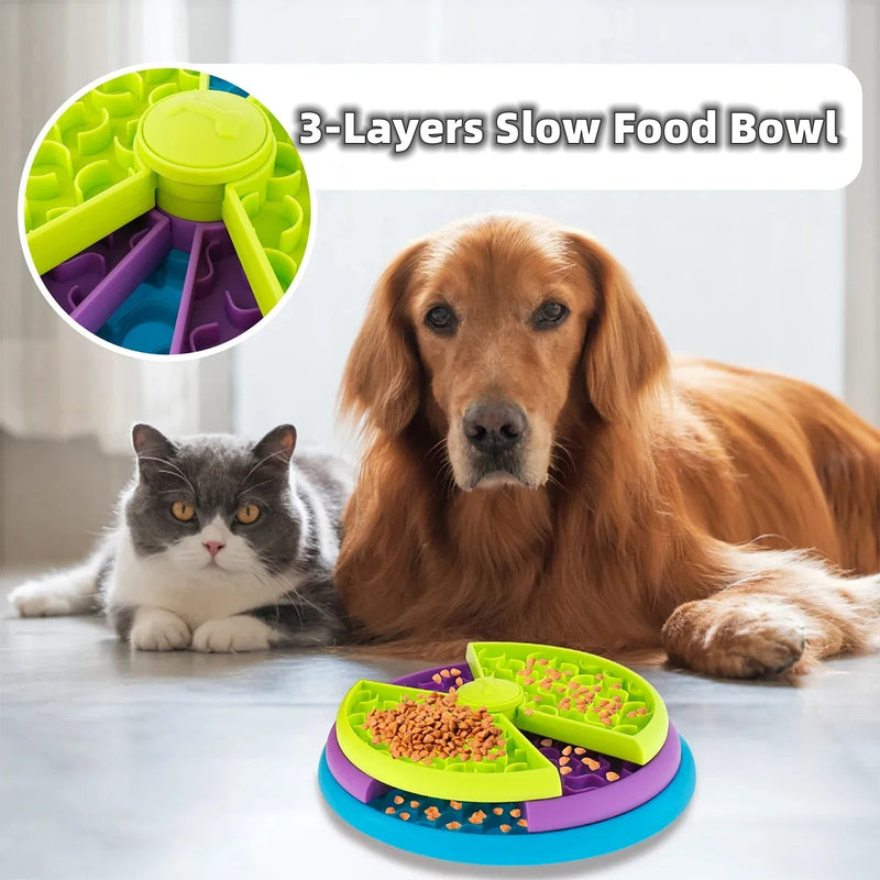 HKM-1481533 Interactive 3-Layer Rotating Slow Feeder Bowl for Cats and Dogs - Anti-Choking Puzzle Pet Tableware