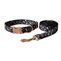 HKM-1485117 Durable Black Flower Polyester Pet Leash and Collar for Dogs and Cats, Adjustable Sizes S-XL