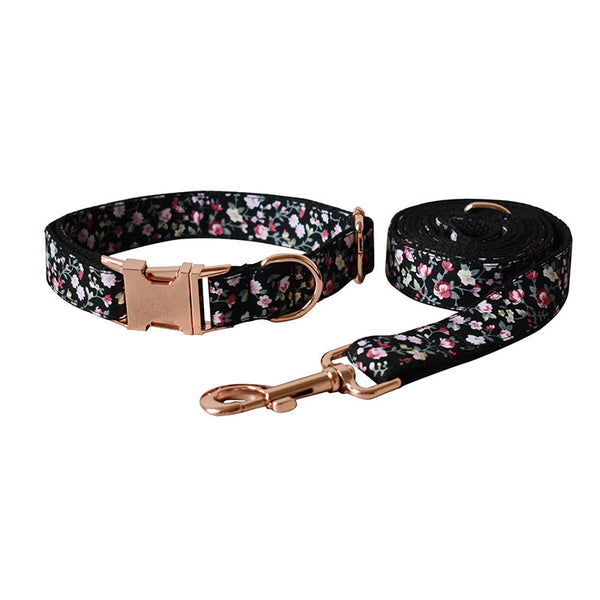 HKM-1485117 Durable Black Flower Polyester Pet Leash and Collar for Dogs and Cats, Adjustable Sizes S-XL