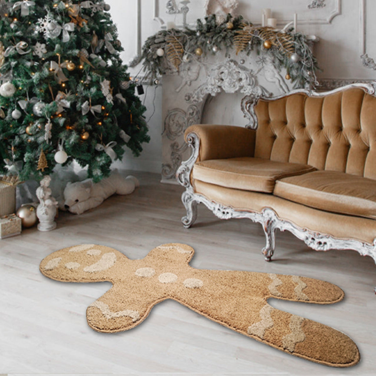 HKM-149203 Gingerbread Man Cartoon Flocking Carpet - Machine Washable Polyester 70x120cm