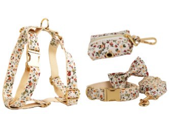 HKM-1492541 Elegant Floral Dog Collar Set with Leash, Bow, Vest, and Poop Bag