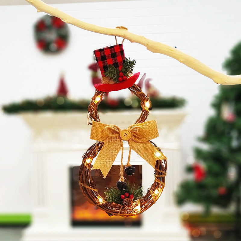 HKM-149267 LED Circular Rattan Snowman Wreath for Christmas Home Decoration, 40cm