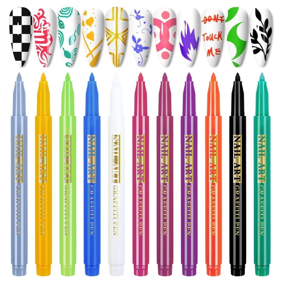 HKM-149459 Nail Art Painting Pen Set with One-Step Glue - 12 Color Smudge Pens and Dot Tool