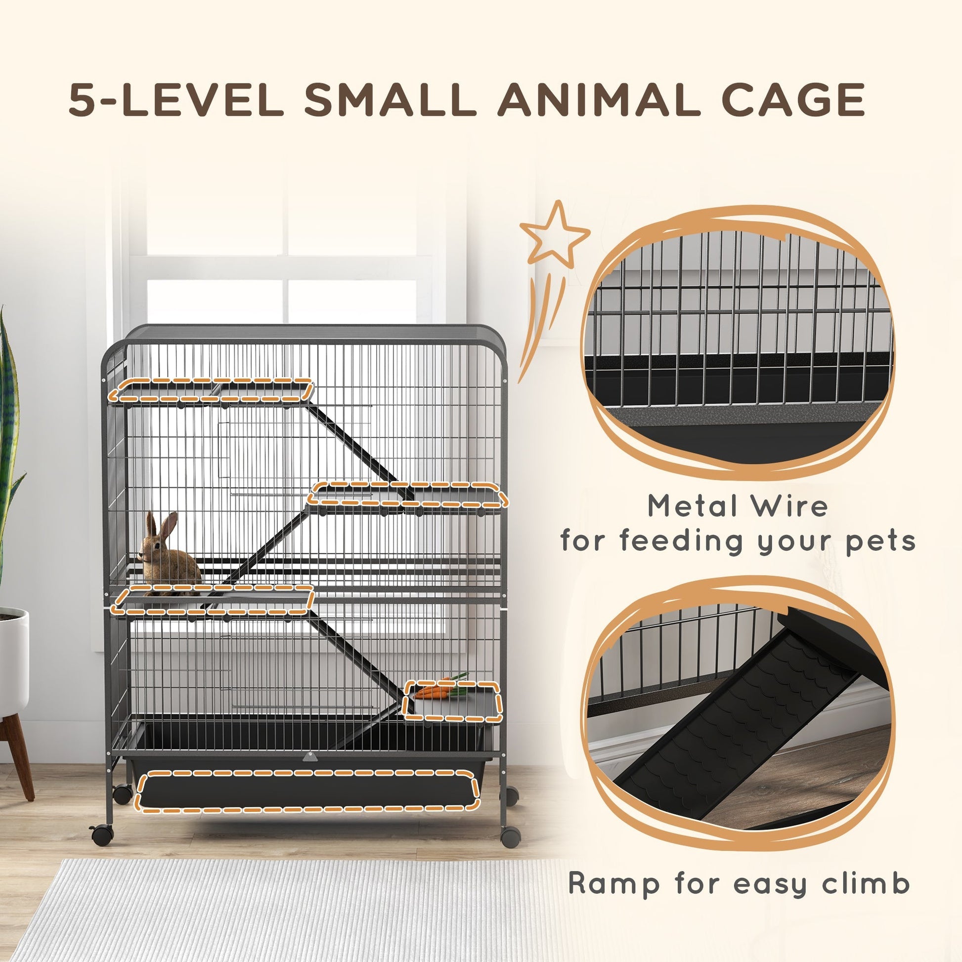 HKM-1500477 Five-Tier Small Animal Cage with Ramps and Removable Tray, 53.5"H Metal Ferret Habitat