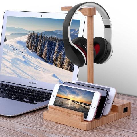 HKM-150163 Solid Wood Earphone Stand with Round Carving and Spray Finish for Elegant Home Decoration