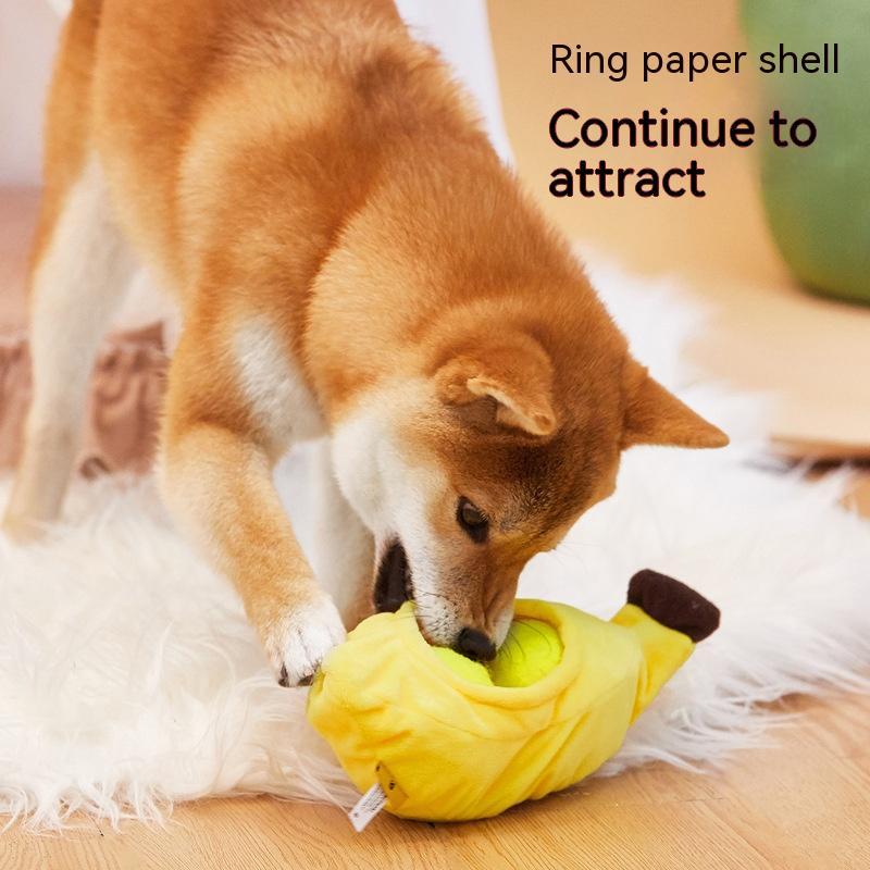 HKM-1503421 Elastic Plush Pet Toy Ball Set - Avocado, Watermelon, Banana, and Pea Shapes - Fun with Loud Paper Sound