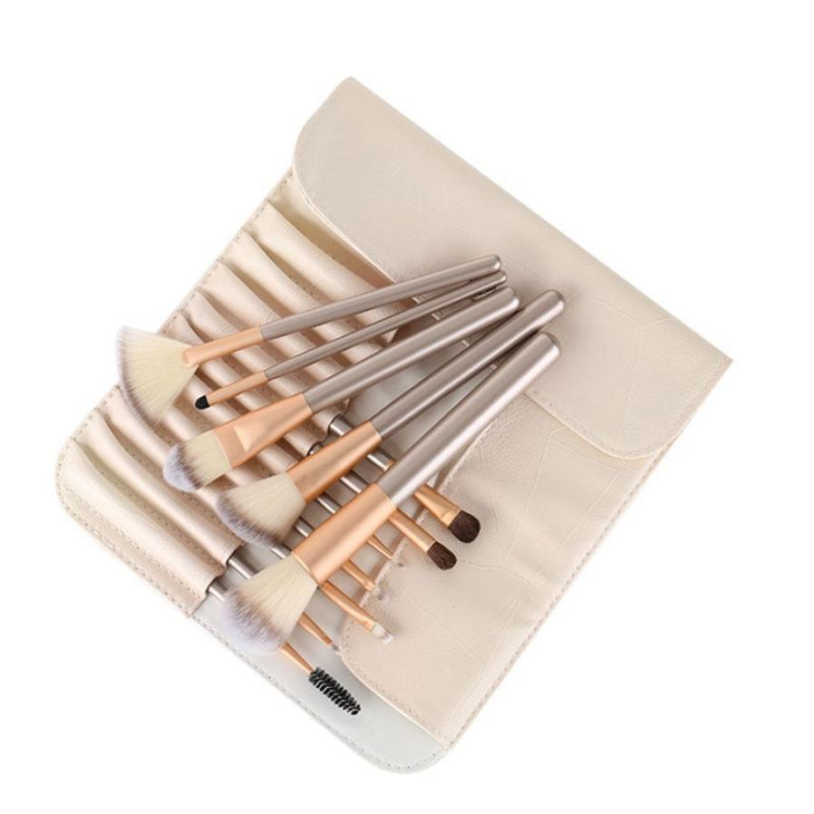 HKM-150355 Creamy White 12-Piece Makeup Brush Set with Long Wooden Handles and Synthetic Hair