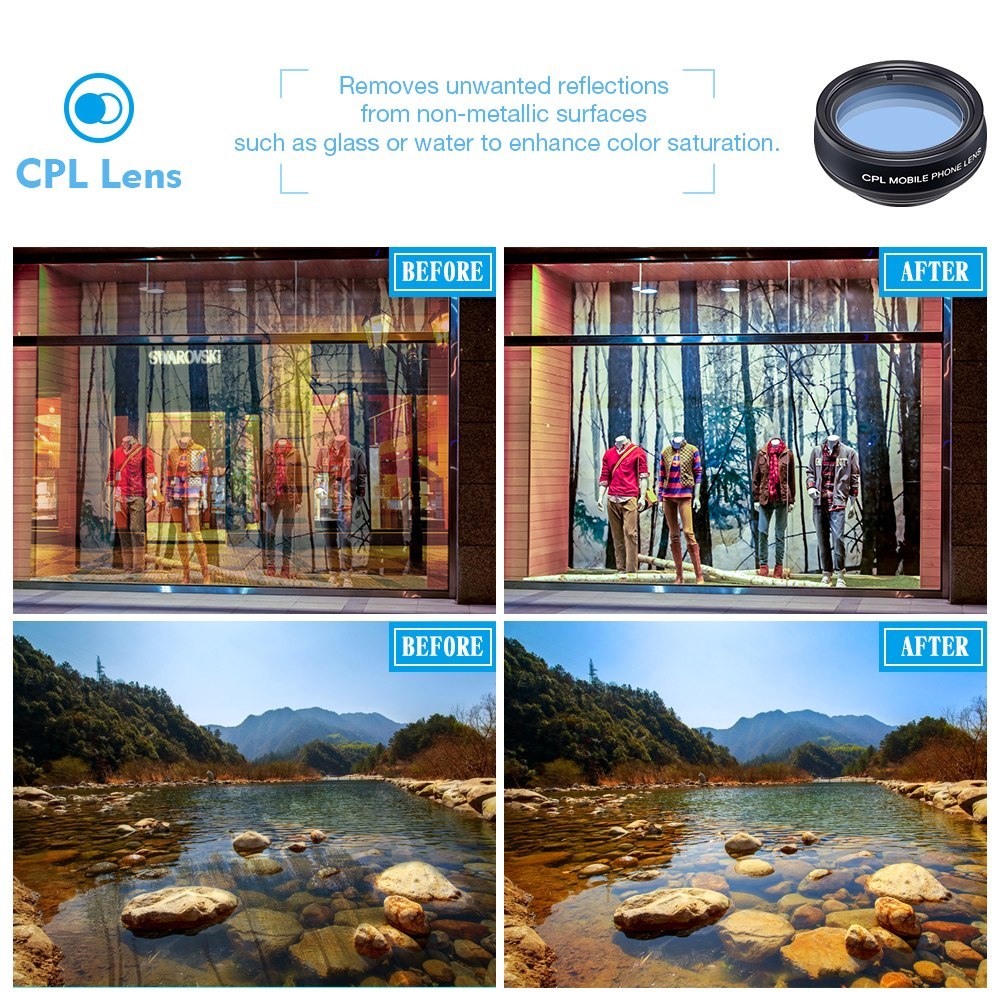 HKM-150355 Universal 10-in-1 Smartphone Camera Lens Kit with Fisheye, Wide Angle, Macro, Telephoto, CPL, Kaleidoscope, and Star Filters