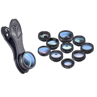 HKM-150355 Universal 10-in-1 Smartphone Camera Lens Kit with Fisheye, Wide Angle, Macro, Telephoto, CPL, Kaleidoscope, and Star Filters