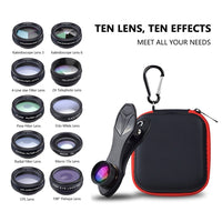 HKM-150355 Universal 10-in-1 Smartphone Camera Lens Kit with Fisheye, Wide Angle, Macro, Telephoto, CPL, Kaleidoscope, and Star Filters