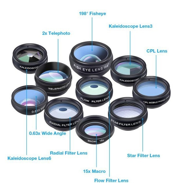 HKM-150355 Universal 10-in-1 Smartphone Camera Lens Kit with Fisheye, Wide Angle, Macro, Telephoto, CPL, Kaleidoscope, and Star Filters