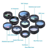 HKM-150355 Universal 10-in-1 Smartphone Camera Lens Kit with Fisheye, Wide Angle, Macro, Telephoto, CPL, Kaleidoscope, and Star Filters