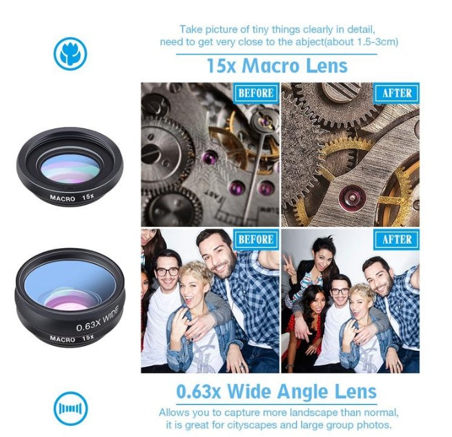 HKM-150355 Universal 10-in-1 Smartphone Camera Lens Kit with Fisheye, Wide Angle, Macro, Telephoto, CPL, Kaleidoscope, and Star Filters