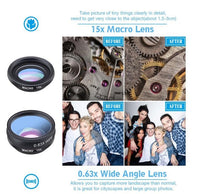 HKM-150355 Universal 10-in-1 Smartphone Camera Lens Kit with Fisheye, Wide Angle, Macro, Telephoto, CPL, Kaleidoscope, and Star Filters