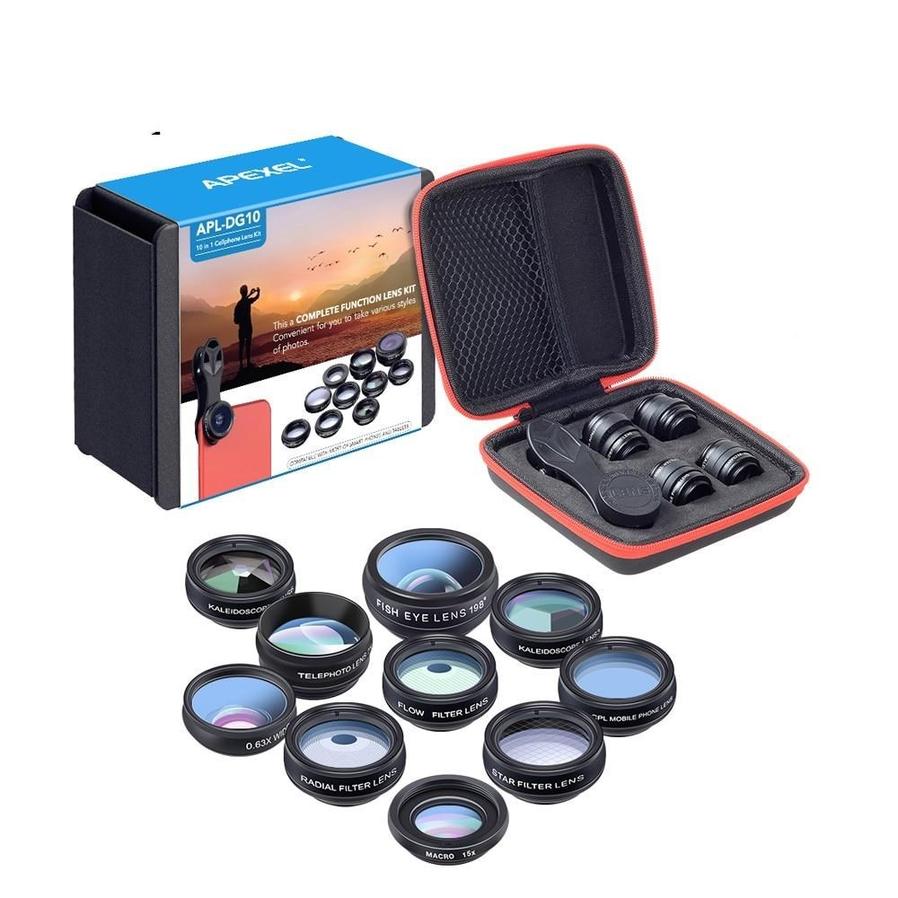 HKM-150355 Universal 10-in-1 Smartphone Camera Lens Kit with Fisheye, Wide Angle, Macro, Telephoto, CPL, Kaleidoscope, and Star Filters