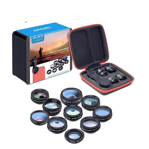 HKM-150355 Universal 10-in-1 Smartphone Camera Lens Kit with Fisheye, Wide Angle, Macro, Telephoto, CPL, Kaleidoscope, and Star Filters