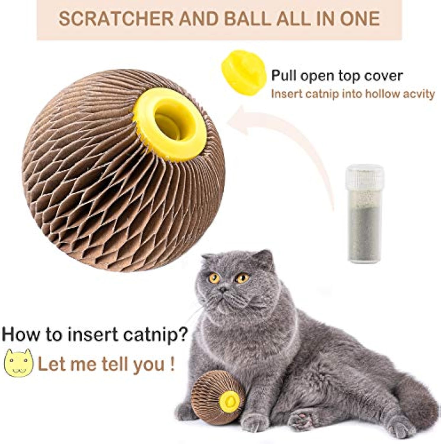 HKM-1504061 Catnip Scratch Ball Toy for Cats - Eco-Friendly Refillable Natural Catnip, Combines Scratching and Playing, Reduces Obesity and Loneliness