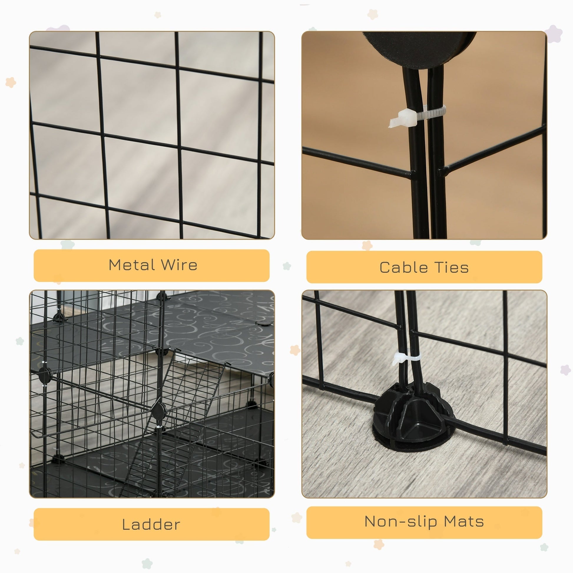HKM-1506237 Black Pet Playpen with Door - Metal Mesh Cage for Small Animals, Includes Mallet and Non-Slip Mats