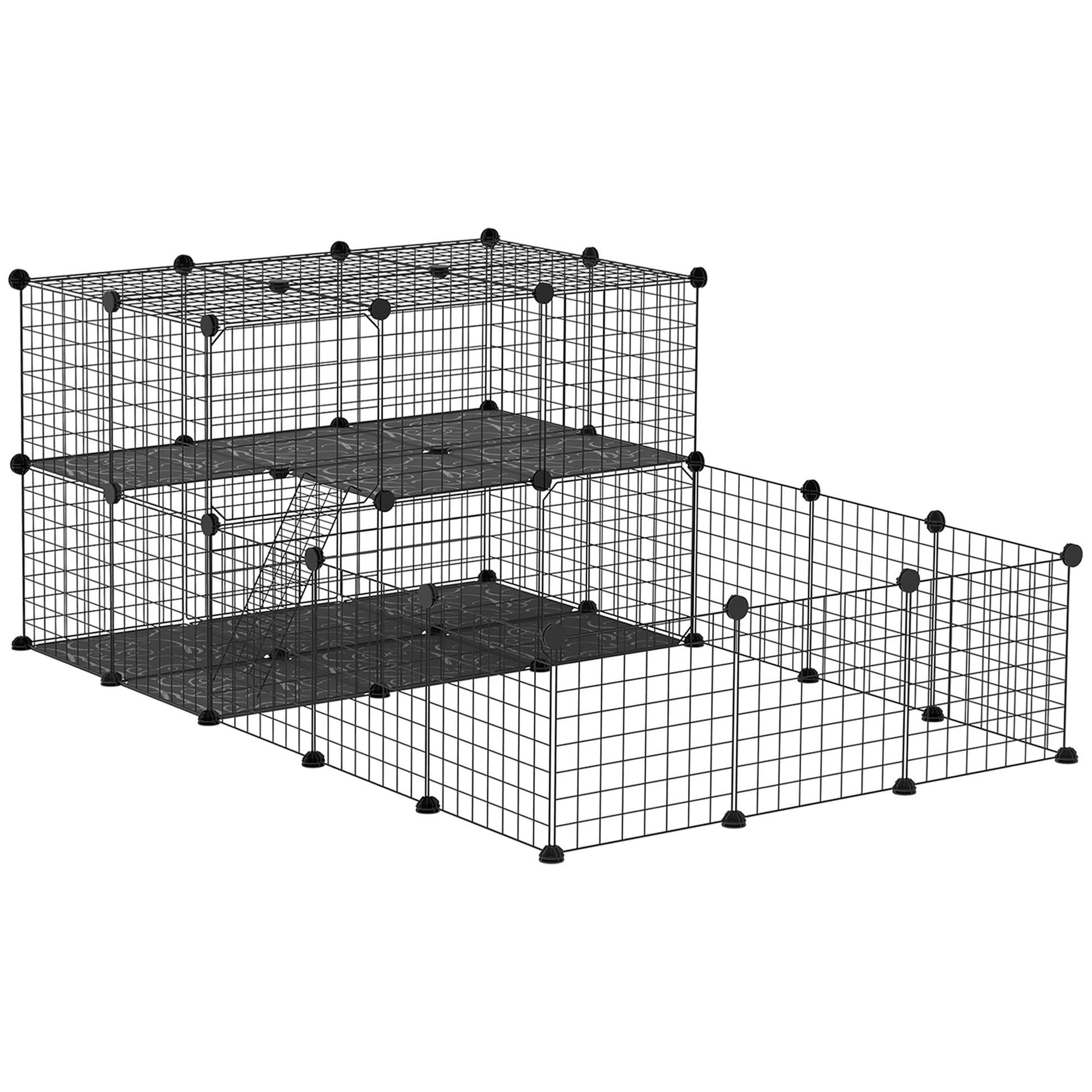 HKM-1506237 Black Pet Playpen with Door - Metal Mesh Cage for Small Animals, Includes Mallet and Non-Slip Mats