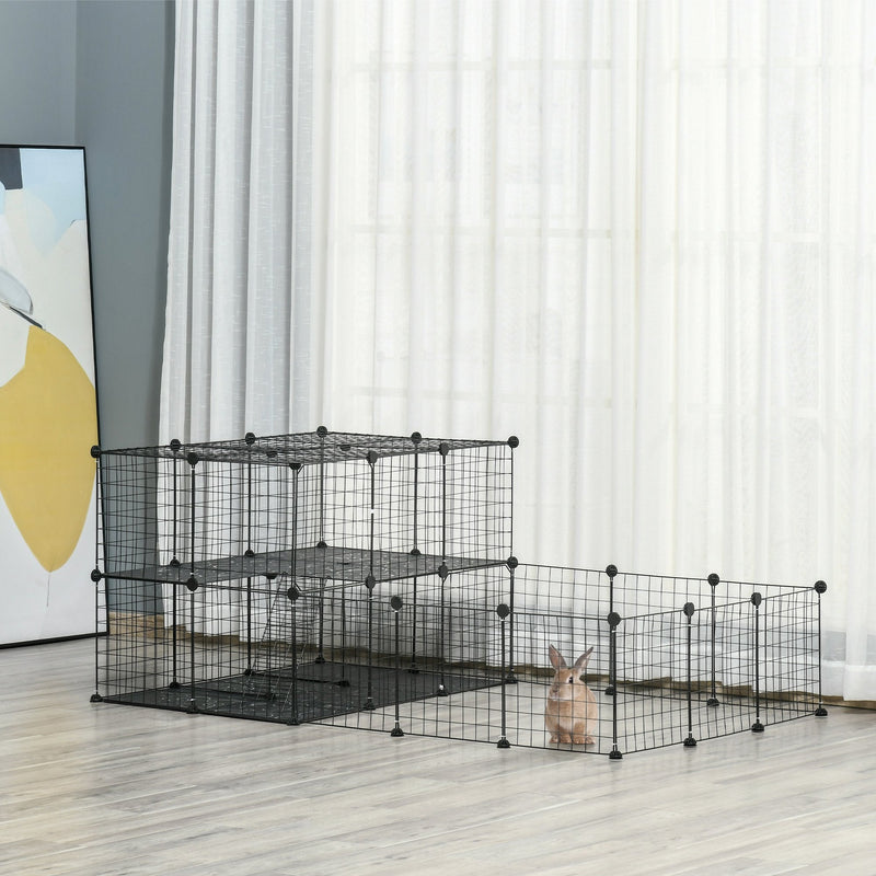HKM-1506237 Black Pet Playpen with Door - Metal Mesh Cage for Small Animals, Includes Mallet and Non-Slip Mats