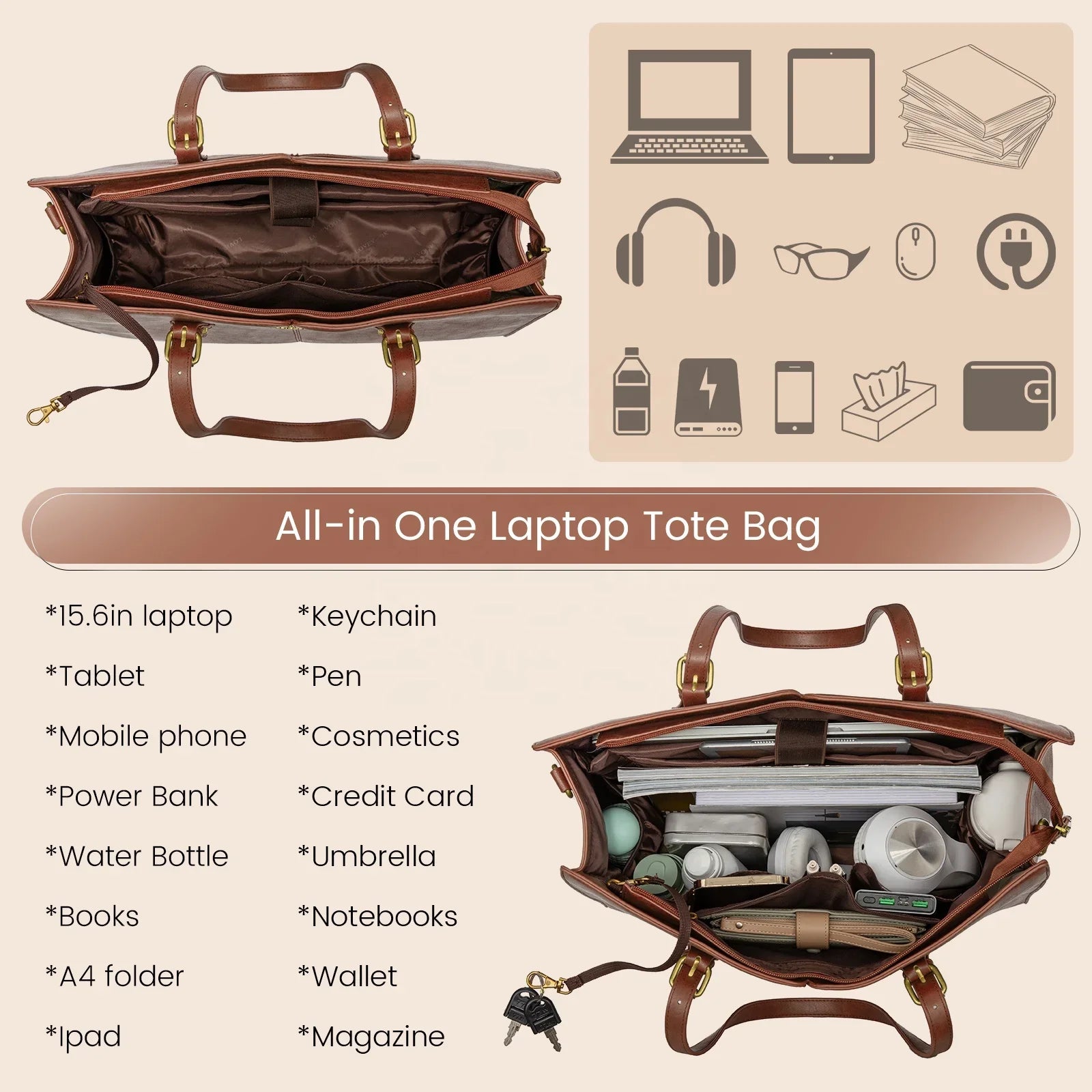 HKM-150675 Vintage Waterproof PU Leather Laptop Tote Bag for Women – Stylish 15.6-inch Business Briefcase