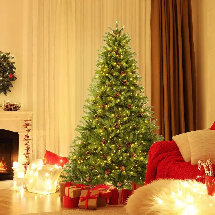HKM-150739 6/7 FT Artificial Christmas Tree with Pine Cones and Adjustable Brightness Features