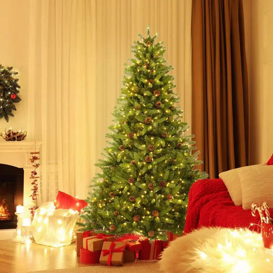 HKM-150739 6/7 FT Artificial Christmas Tree with Pine Cones and Adjustable Brightness Features