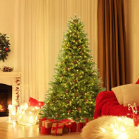 HKM-150739 6/7 FT Artificial Christmas Tree with Pine Cones and Adjustable Brightness Features